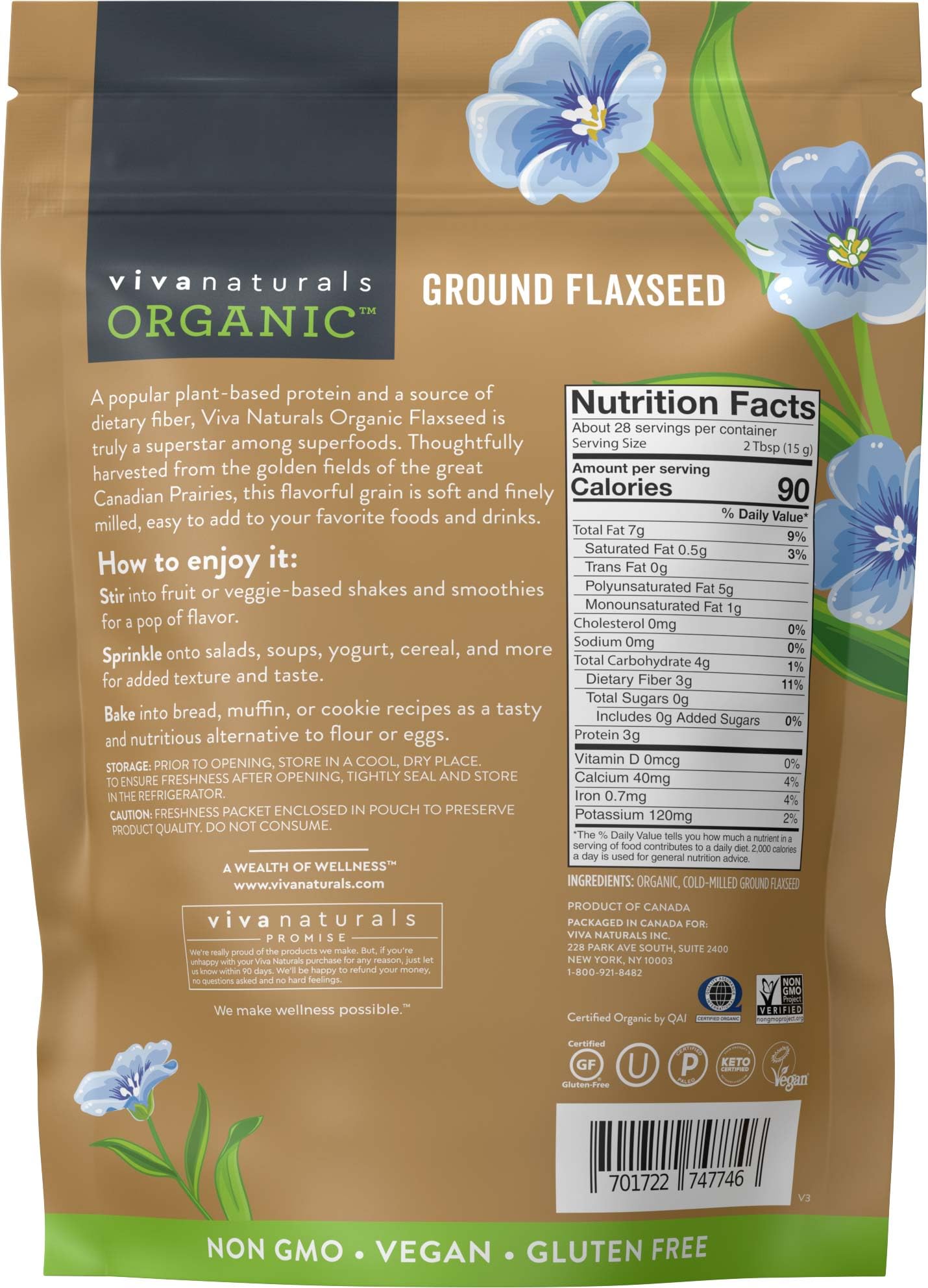 Viva Naturals Organic Ground Flaxseed - Premium Quality Plant-Based Protein and Vegan Omega 3 with Fiber, Perfect for Smoothies, Finely Milled Flaxseed 15 oz (425 g)