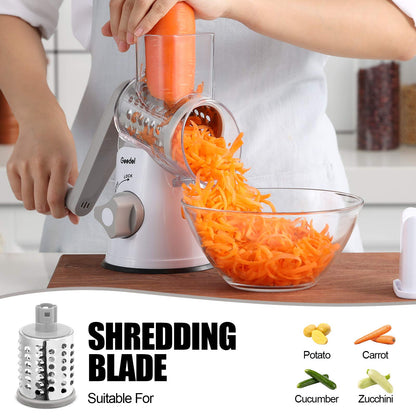 Geedel Rotary Cheese Grater, Kitchen Mandoline Vegetable Slicer with 3 Interchangeable Blades, Easy to Clean Grater for Fruit, Vegetables, Nuts