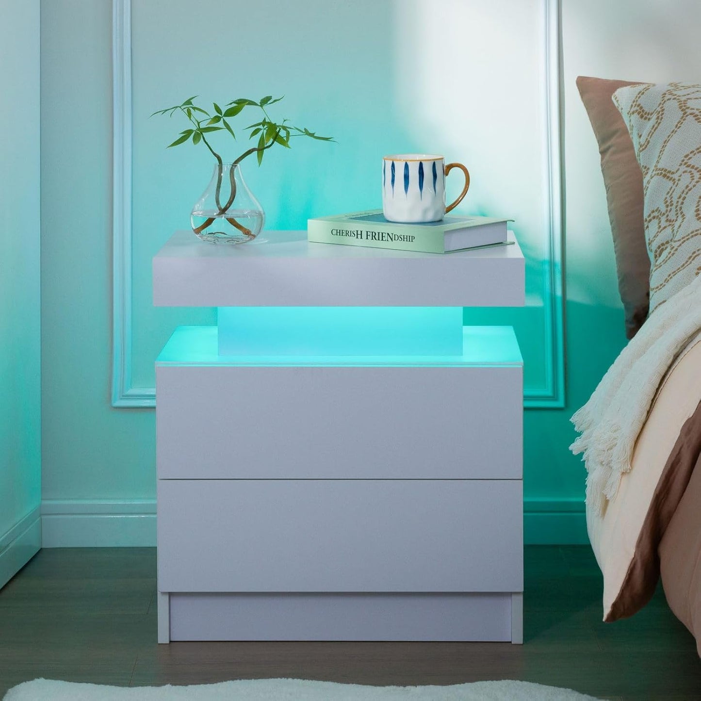 Nightstand Set of 2 LED Nightstand with 2 Drawers, Bedside Table with Drawers for Bedroom Furniture, Side Bed Table with LED Light, White