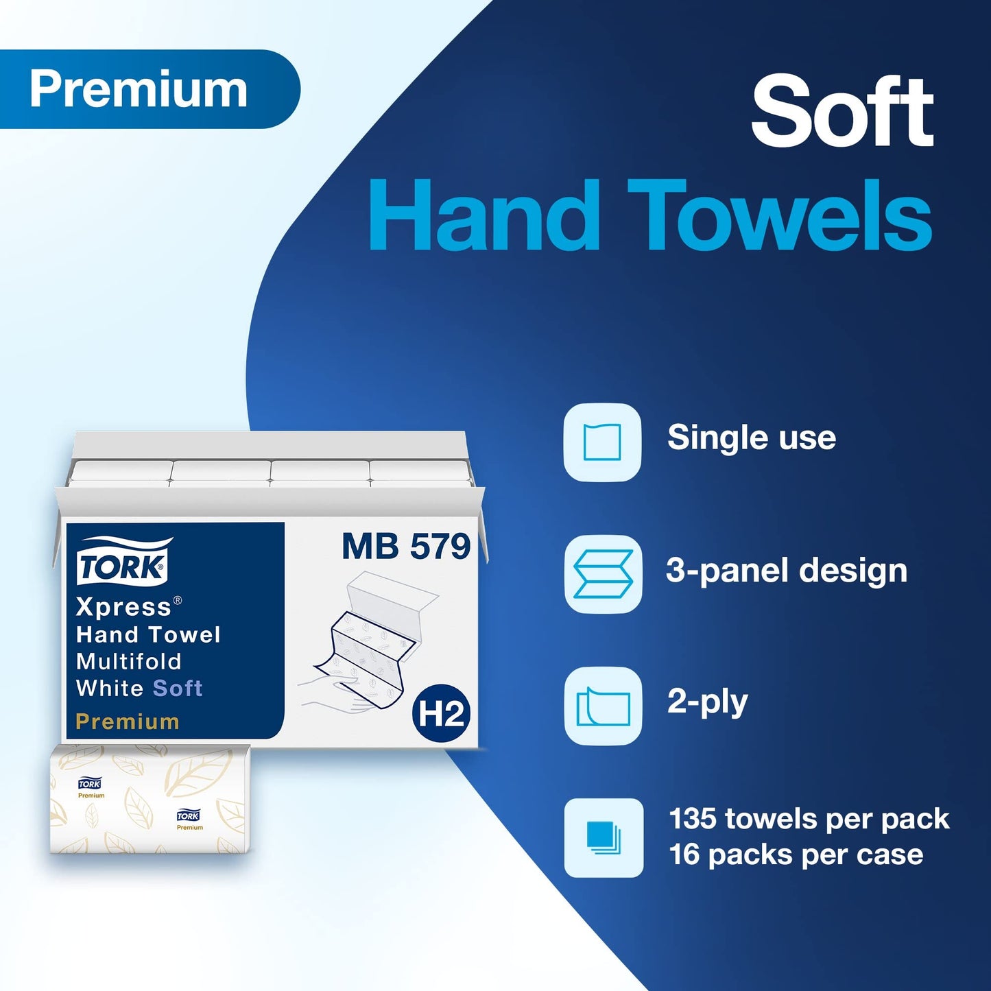 Tork Premium MB579 Soft Xpress Multifold Paper Hand Towel, 3-Panel, 2-Ply, 9.125" Width x 9.5" Length, White (Case of 16 Packs, 135 per Pack, 2.160 Towels)