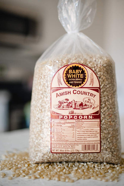 Amish Country Popcorn - Baby White (6 Pound Bag) - Small & Tender Popcorn - Old Fashioned And Delicious with Recipe Guide