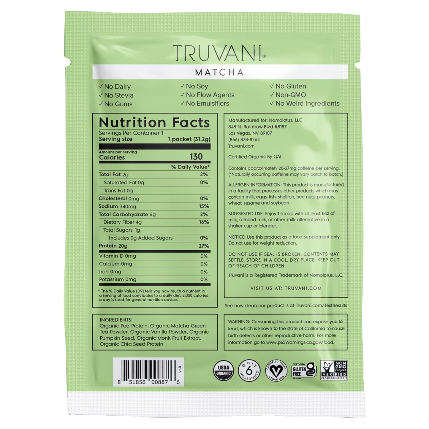 Truvani Vegan Pea Protein Powder | Banana Cinnamon | 20g Organic Plant Based Protein | 1 Serving | Keto | Gluten & Dairy Free | Low Carb | No Added Sugar