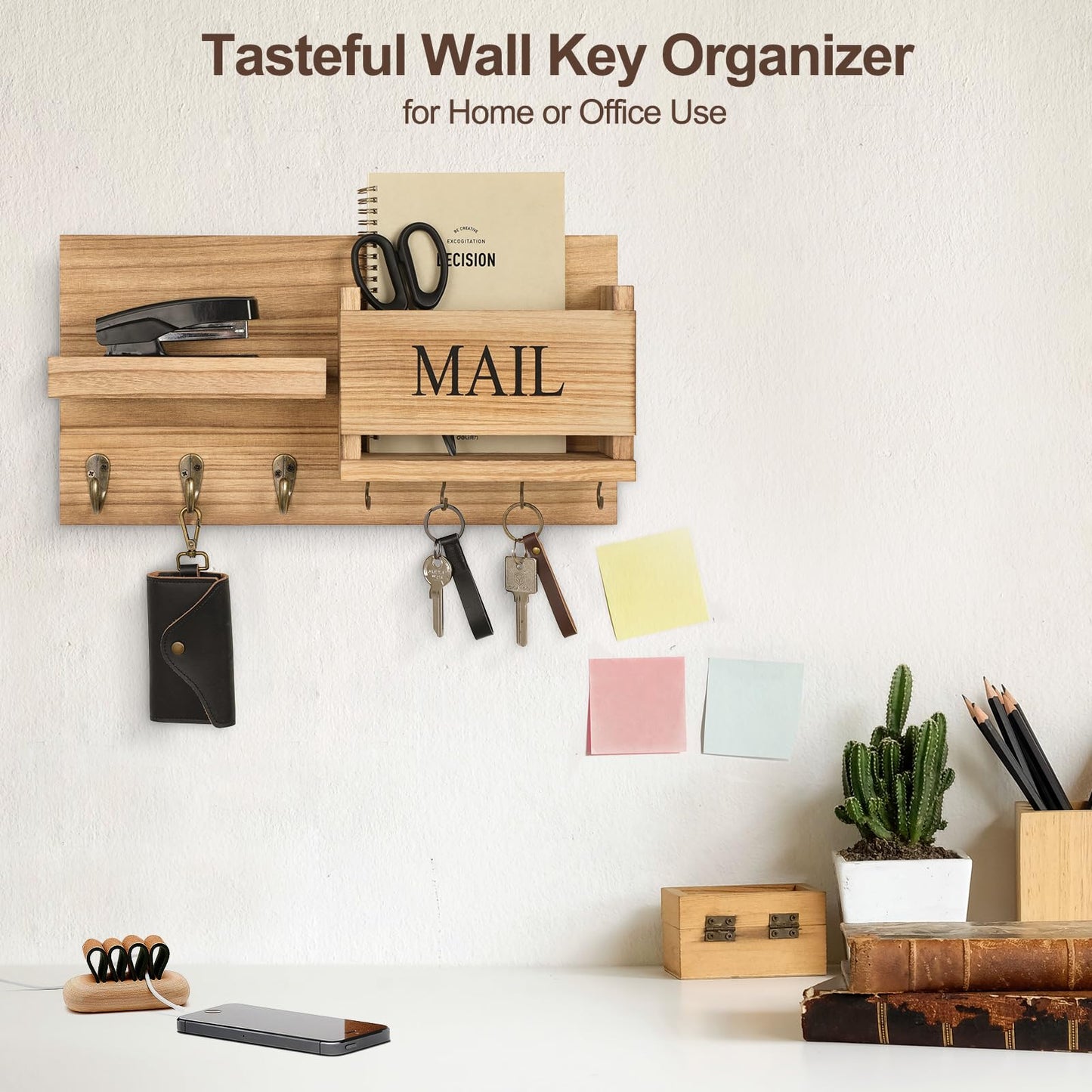 Mail Organizer for Wall Mount – Key Holder with Shelf includes Letter Holder and Hooks for Hallway Farmhouse Decor – Rustic Wood with Flush Mounting Hardware (16.5” x 9.1” x 3.4”) (Black)