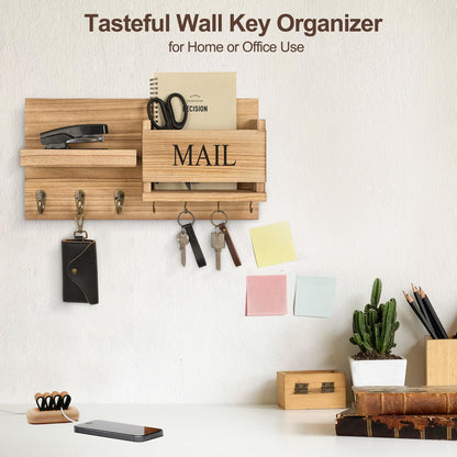 Mail Organizer for Wall Mount – Key Holder with Shelf includes Letter Holder and Hooks for Hallway Farmhouse Decor – Rustic Wood with Flush Mounting Hardware (16.5” x 9.1” x 3.4”) (Black)