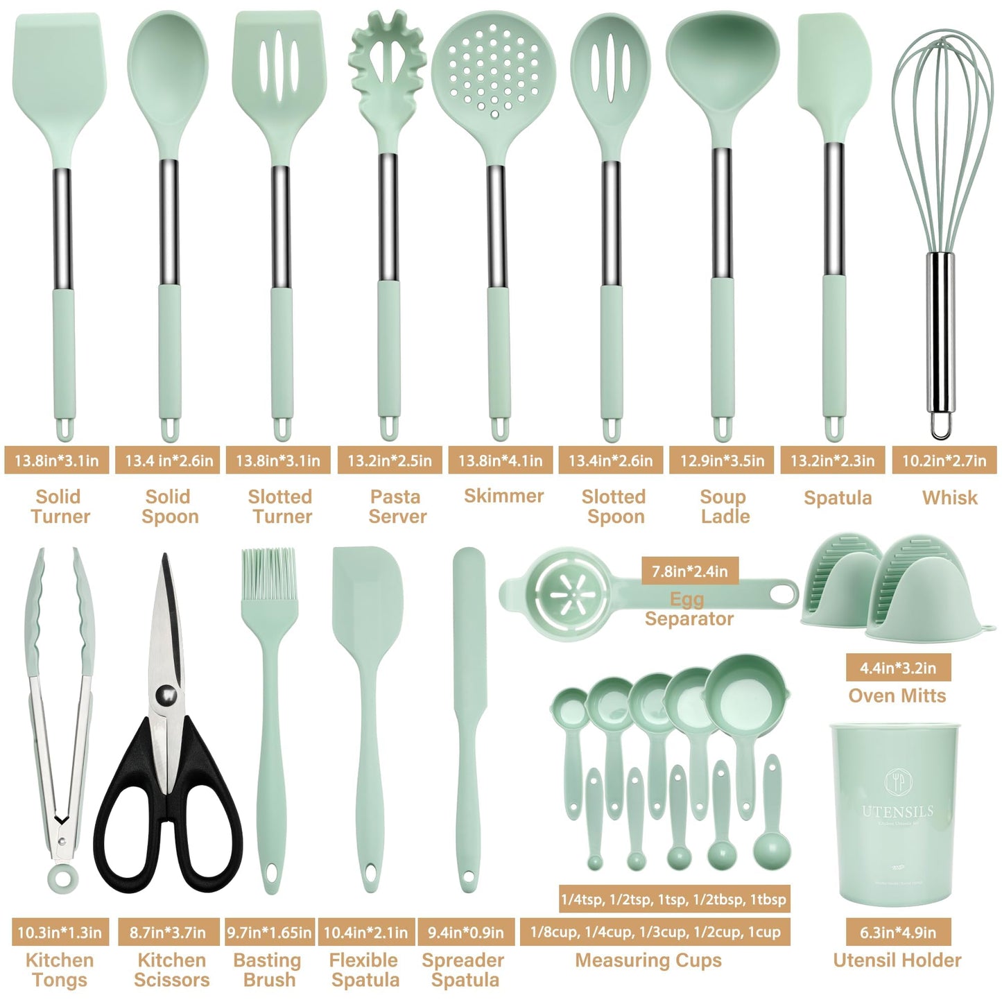 Kitchen Utensils Set, Hvygss Silicone Cooking Utensils Set, Stainless Steel Handle Silicone Spatula Set with Silicone Whisk, Tongs, Ladle, Scissors, Measuring Cups and Spoons Set (Khaki)