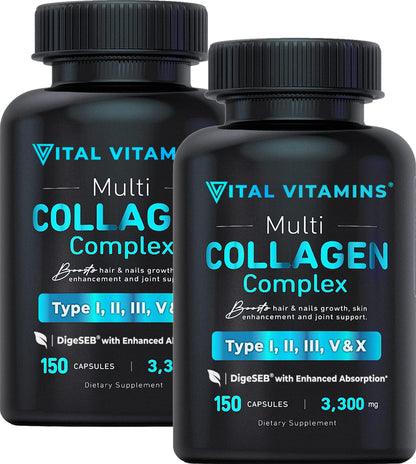 Vital Vitamins Collagen for Women & Men - Type I, II, III, V, X Multi Collagen Pills - Grass Fed, Non-GMO - 150 Capsules