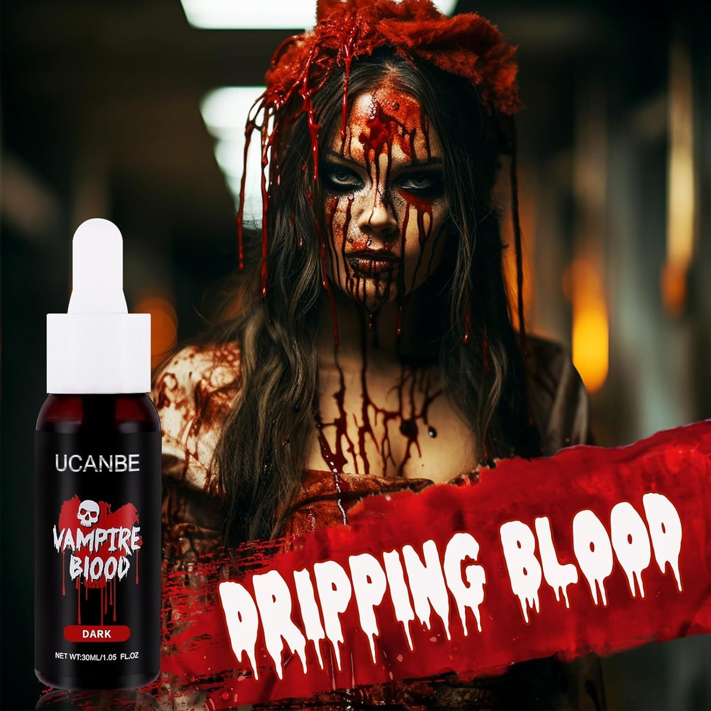 UCANBE Halloween Dripping Fake Blood Realistic Blood Drops Body Paint Washable Fake Blood Makeup Kit For Zombie Vampire Clown Monster Clothes Costume Cosplay SFX Special Effects Makeup 30ML(Dark)