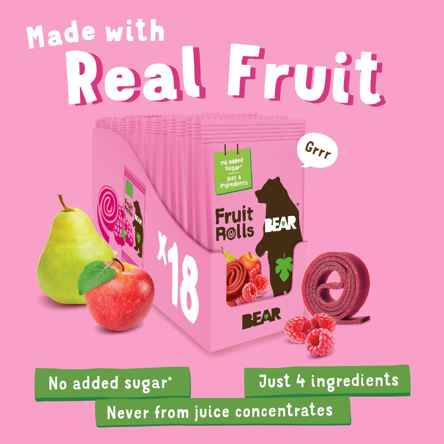 BEAR Real Fruit Snack Rolls - Gluten Free, Vegan, and Non-GMO - Strawberry – Healthy School And Lunch Snacks For Kids And Adults, 0.7 Ounce (Pack of 18)