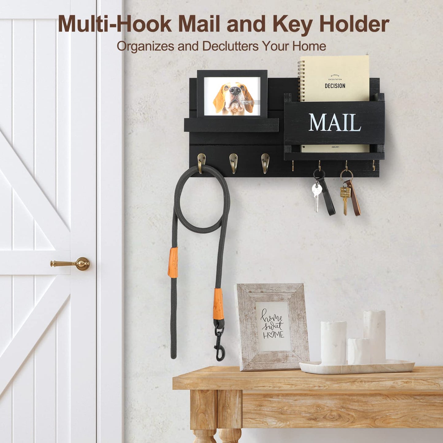 Mail Organizer for Wall Mount – Key Holder with Shelf includes Letter Holder and Hooks for Hallway Farmhouse Decor – Rustic Wood with Flush Mounting Hardware (16.5” x 9.1” x 3.4”) (Black)