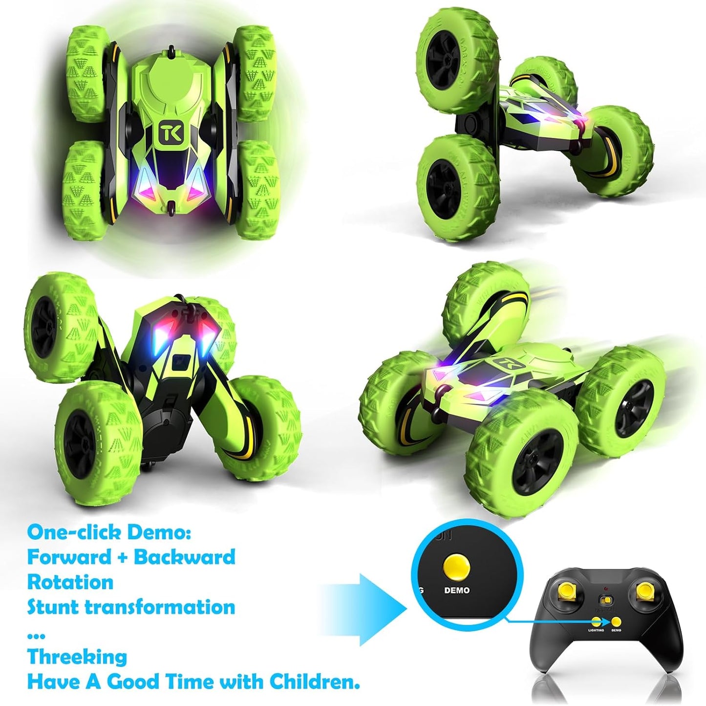 Threeking RC Stunt Cars Remote Control Car Double-Sided Driving 360-degree Flips Rotating Car Toy, Green