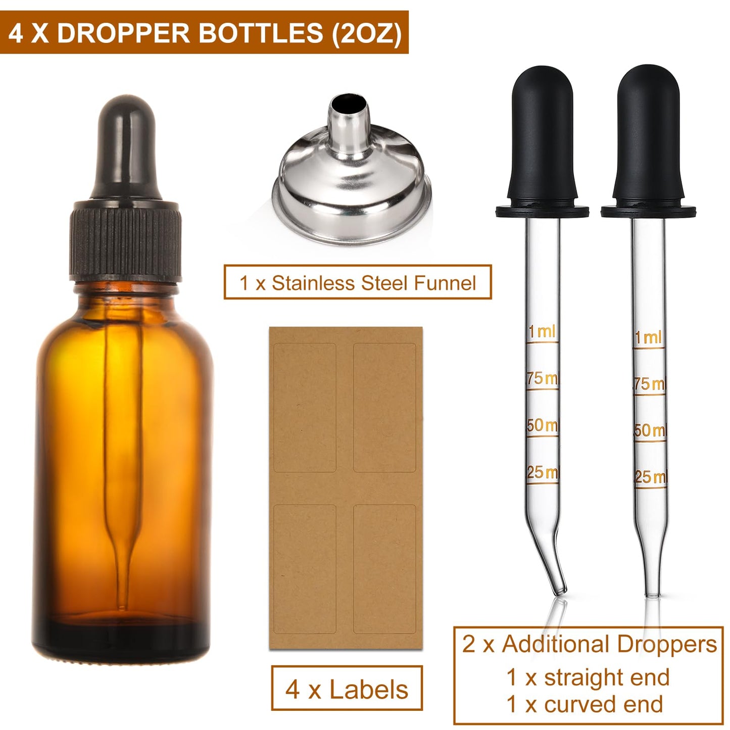 AOZITA 4 Pack, 2 oz Dropper Bottles with 1 Funnel & 4 Labels - 60ml Thick Dark Amber Glass Tincture Bottles with Eye Droppers - Leakproof Essential Oils Bottles