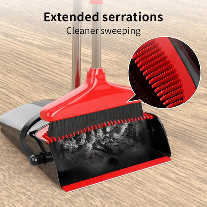 Broom with Dustpan Combo Set 54" Long Handle Adjustable Length Stainless Steel Broomstick Standing Dust Pan and Broom Set for Office Home Kitchen Lobby Floor Cleaning (Red and Black)