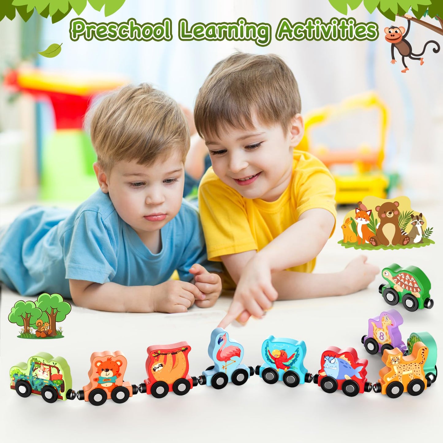 Toys for Toddlers, 11 Magnetic Wooden Animals Train Set, Montessori Toys for Toddlers, Preschool Learning Activities for kids, Birthday Gifts for Boys, Girls