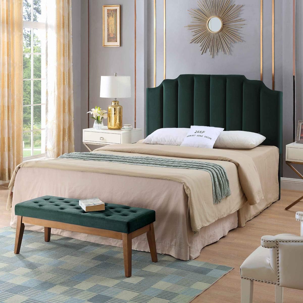 24KF Green Velvet Upholstered Queen Size Headboard Full Size Headboard,Tufted Headboard for Queen Bed Full Bed,Modern Vertical Channel Design with Curved Tufted Queen/Full Headboard-Jade Green