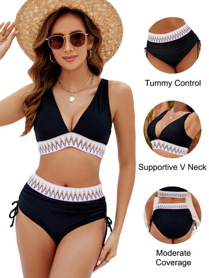 Blooming Jelly Women High Waisted Bikini Sets Tummy Control Swimsuits Color Block Two Piece Drawstring Bathing Suit