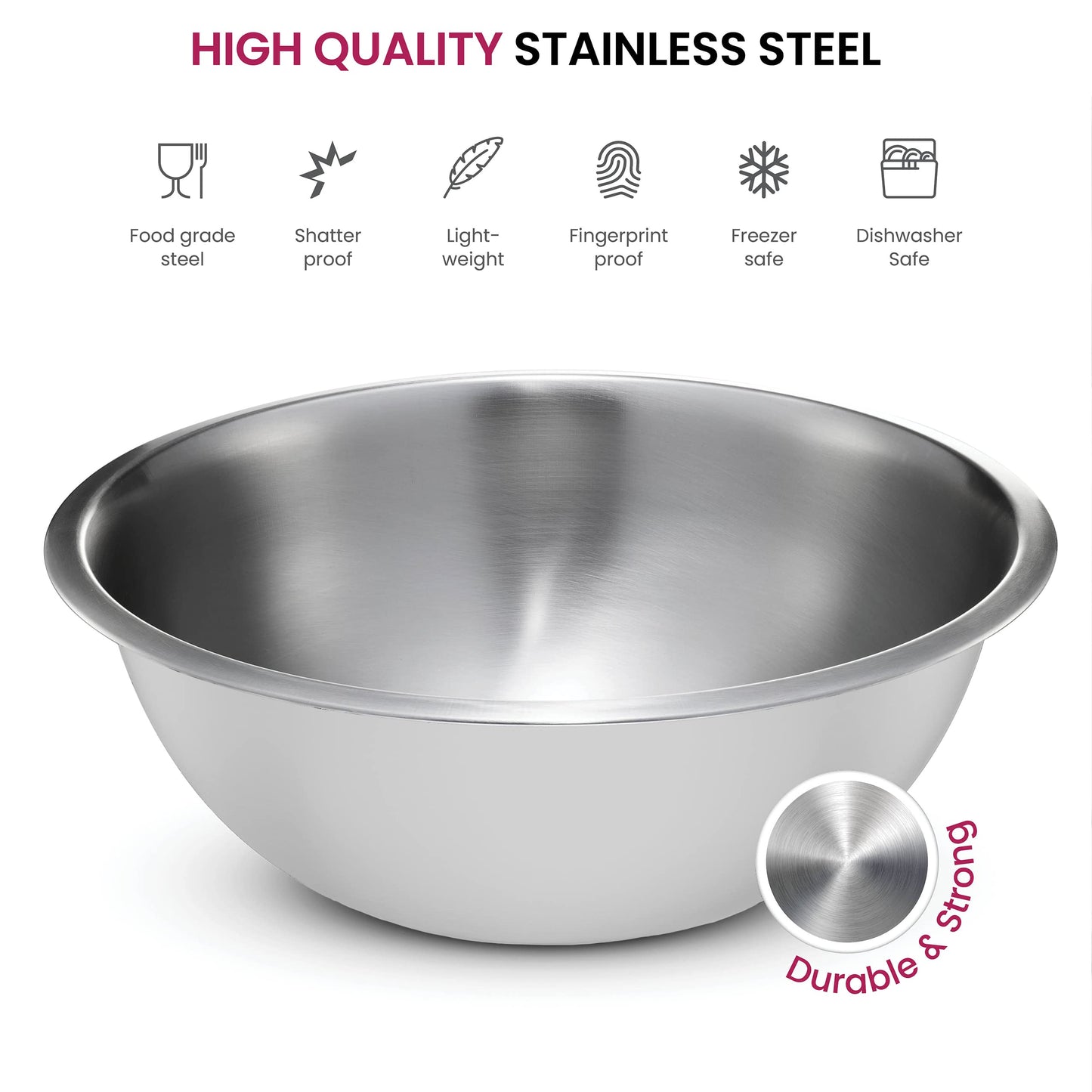 FineDine Stainless Steel Mixing Bowls Set for Kitchen, Dishwasher Safe Nesting Bowls for Cooking, Baking, Meal Prepping