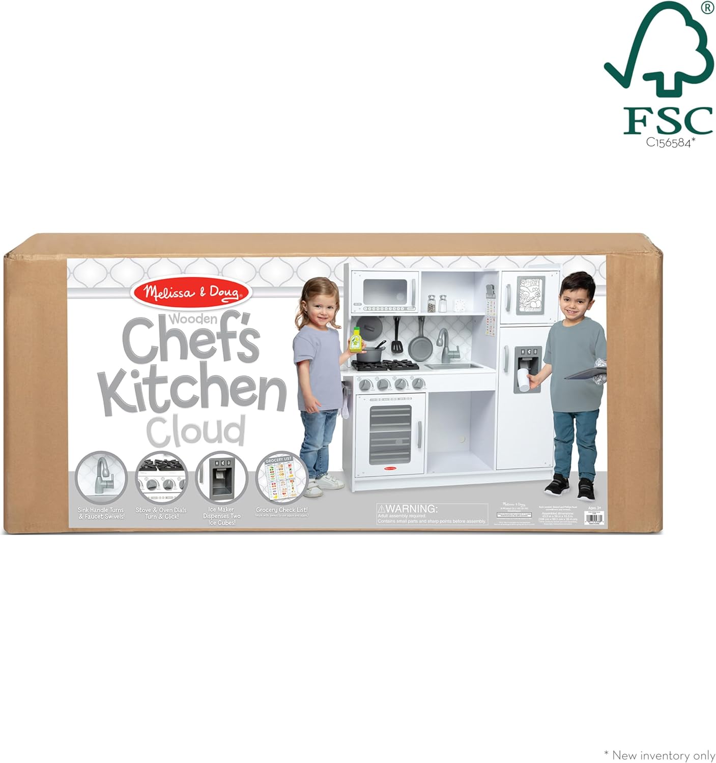 Melissa & Doug Wooden Chef’s Pretend Play Toy Kitchen With “Ice” Cube Dispenser – Cloud White - FSC Certified