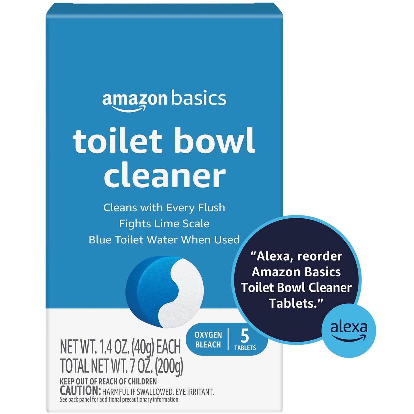 Amazon Basics Toilet Bowl Cleaner Blue Tablets with Oxygen Bleach, Unscented, 5 Count, Pack of 1