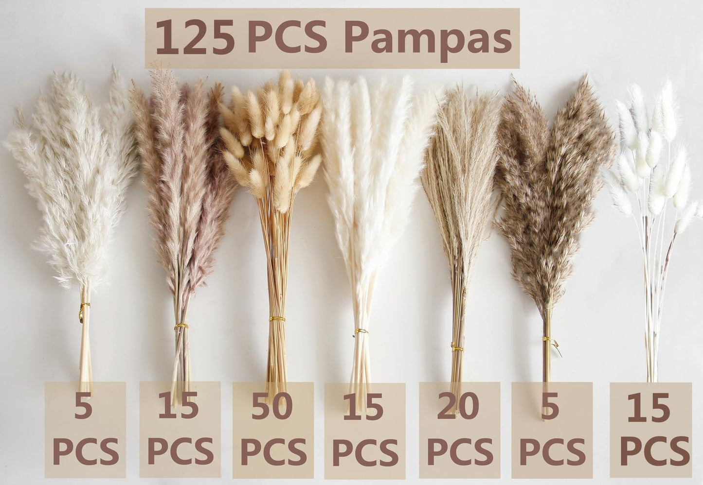 110 PCS Dried Pampas Grass Bouquet, Boho Table Decor, Bunny Tails Dried Flowers, Brown Pompas, White Pampas Grass for Wedding, Home, Rustic Party, Baby Shower Decorations