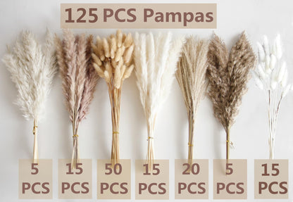 110 PCS Dried Pampas Grass Bouquet, Boho Table Decor, Bunny Tails Dried Flowers, Brown Pompas, White Pampas Grass for Wedding, Home, Rustic Party, Baby Shower Decorations