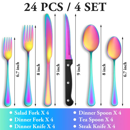 24 Pcs Silverware Set with Steak Knives Service for 4,Stainless Steel Flatware Set,Mirror Polished Cutlery Utensil Set,Home Kitchen Eating Tableware Set,Include Fork Knife Spoon Set,Dishwasher Safe