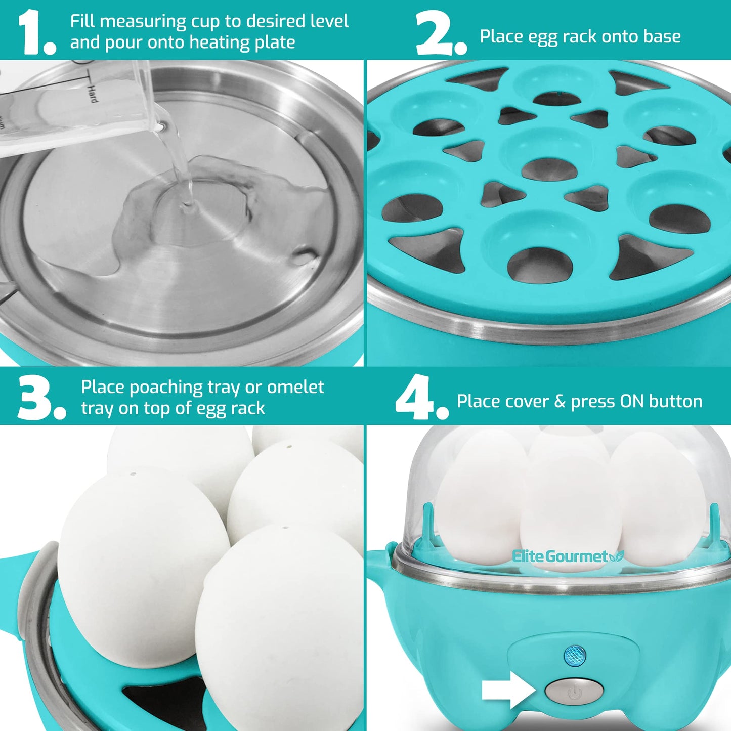 Elite Gourmet EGC-007## Rapid Egg Cooker, 7 Easy-To-Peel, Hard, Medium, Soft Boiled Eggs, Poacher, Omelet Maker, Auto Shut-Off, Alarm, 16-Recipe Booklet, BPA-Free, White