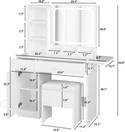 IRONCK Vanity Desk with LED Lighted Mirror & Power Outlet, Makeup Table with Drawers & Cabinet,Storage Stool,for Bedroom, White