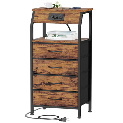 Furnulem Tall Night Stand with Charging Station, Small Dresser with 4 Fabric Drawers, 33 Inch Bedside Table, Storage Tower for Closet, Entryway, Dorm, Bedroom Furniture, 3 Ways to Use, Rustic Brown