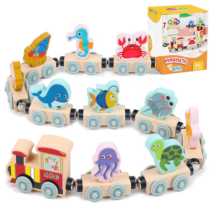 AMOR PRESENT 11PCS Magnetic Wooden Sea Animal Train Set, Montessori Toys for Toddlers Ocean Animal Toys for Preschool Learning Activities Birthday Gifts for Kids