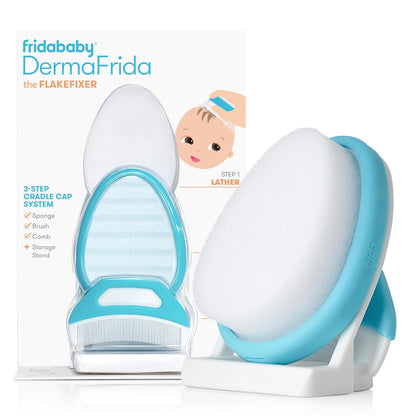 Frida Baby The 3-Step Cradle Cap System, DermaFrida The FlakeFixer, Sponge, Brush, Comb and Storage Stand for Babies with Cradle Cap, White-Blue