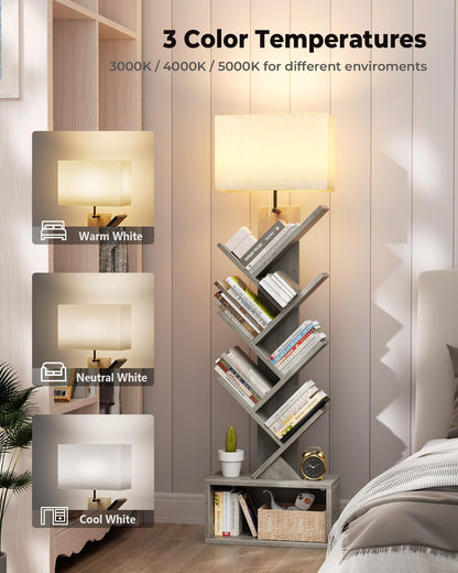 6 Tier Tree Bookshelf with Light, Small Bookcase Tower for Books/CDs/Movies, Sturdy Tall Floor Standing Book Organizer with Storage Cabinet for Living Room, Bedroom and Home Office, Gray