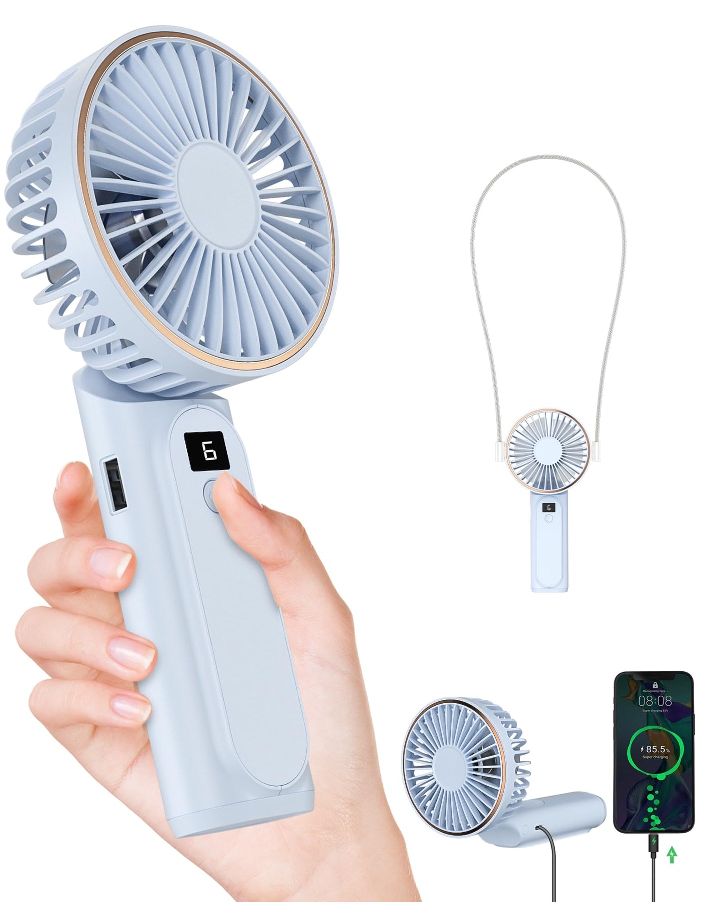 TUNISE Portable Handheld Fan, Portable Fan Rechargeable, 4000mAh, 180° Adjustable, 6 Speed Wind, Display Electricity in Real Time, USB Rechargeable Foldable Fan, Quiet Personal Fan as the Power Bank