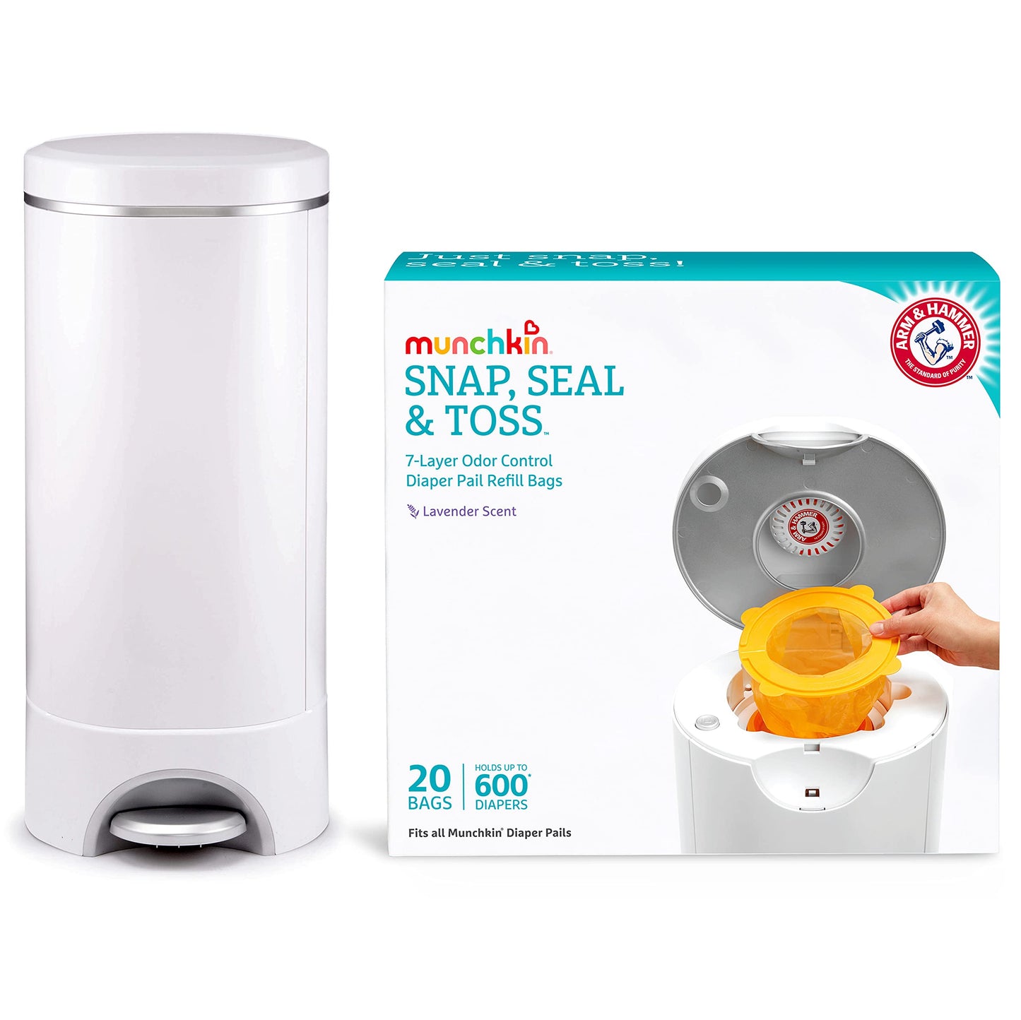 Munchkin® STEP™ Diaper Pail Powered by Arm & Hammer, #1 in Odor Control, Award-Winning, Includes 1 Snap, Seal & Toss™ Bag, 1 Starter Refill Ring, and 1 PUCK™ Baking Soda Cartridge