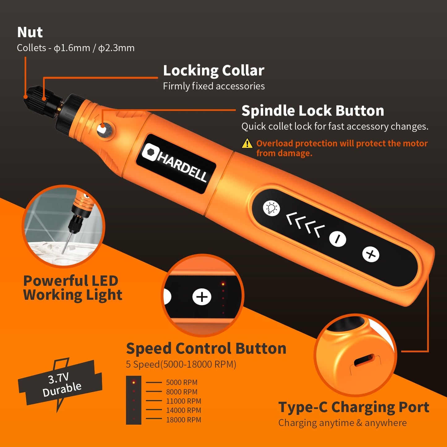 HARDELL Mini Cordless Rotary Tool Kit, 5-Speed and USB Charging with 61 Accessories, Multi-Purpose 3.7V Power Rotary Tool for Sanding, Polishing, Drilling, Etching, Engraving, DIY Crafts