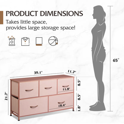 WLIVE Dresser for Bedroom with 5 Drawers, Wide Chest of Drawers, Fabric Dresser, Storage Organizer Unit with Fabric Bins for Closet, Living Room, Hallway, Rustic Brown Wood Grain Print