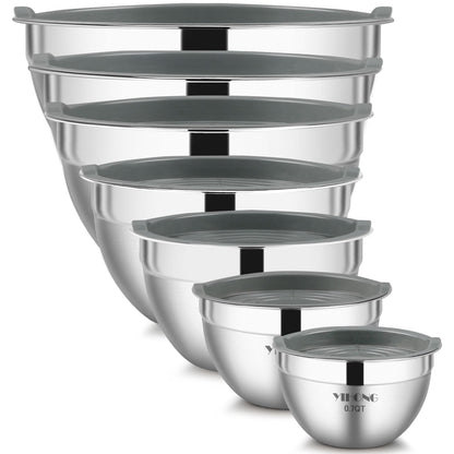 YIHONG 7 Piece Mixing Bowls with Lids for Kitchen, Stainless Steel Mixing Bowls Set Ideal for Baking, Prepping, Cooking and Serving Food, Nesting Metal Mixing Bowls for Space Saving Storage