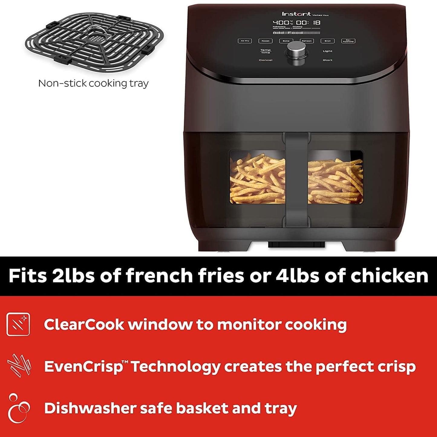 Instant Vortex Plus 6QT Air Fryer with Odor Erase Technology, 6-in-1 Functions that Crisps, Roasts, Broils, Dehydrates, Bakes & Reheats, 100+In-App Recipes, from the Makers of Instant Pot,1700W,Black