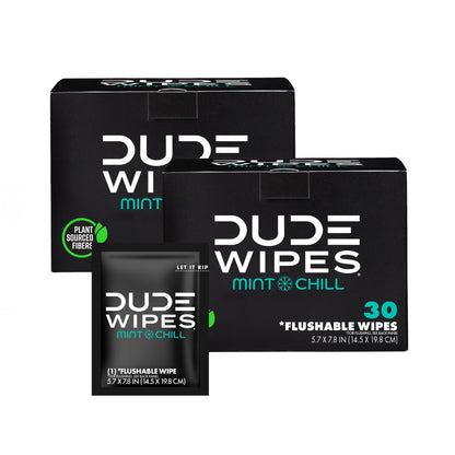 DUDE Wipes - On-The-Go Flushable Wipes - 1 Pack, 30 Wipes - Mint Chill Extra-Large Individually Wrapped Adult Wet Wipes - Eucalyptus & Tea Tree Oil - Septic and Sewer Safe