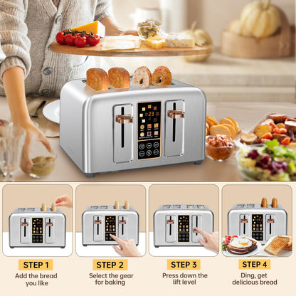 SEEDEEM Toaster 2 Slice, Stainless Toaster LCD Display&Touch Buttons, 50% Faster Heating Speed, 6 Bread Selection, 7 Shade Setting, 1.5''Wide Slot, Removable Crumb Tray, 1350W, Dark Metallic