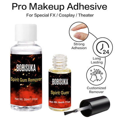 BOBISUKA Spirit Gum Adhesive and Remover Kit - 5ml Spirit Gum & 30ml SFX Makeup Adhesive Remover, Professional Prosthetic Make Up Glue for Halloween, Stage, Cosplay, Special FX (0.17oz + 1.01 oz)