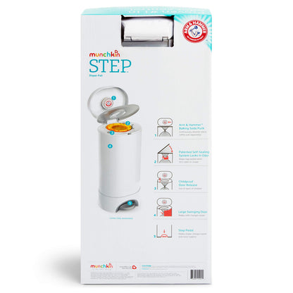 Munchkin® STEP™ Diaper Pail Powered by Arm & Hammer, #1 in Odor Control, Award-Winning, Includes 1 Snap, Seal & Toss™ Bag, 1 Starter Refill Ring, and 1 PUCK™ Baking Soda Cartridge