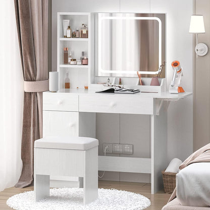 IRONCK Vanity Desk with LED Lighted Mirror & Power Outlet, Makeup Table with Drawers & Cabinet,Storage Stool,for Bedroom, White