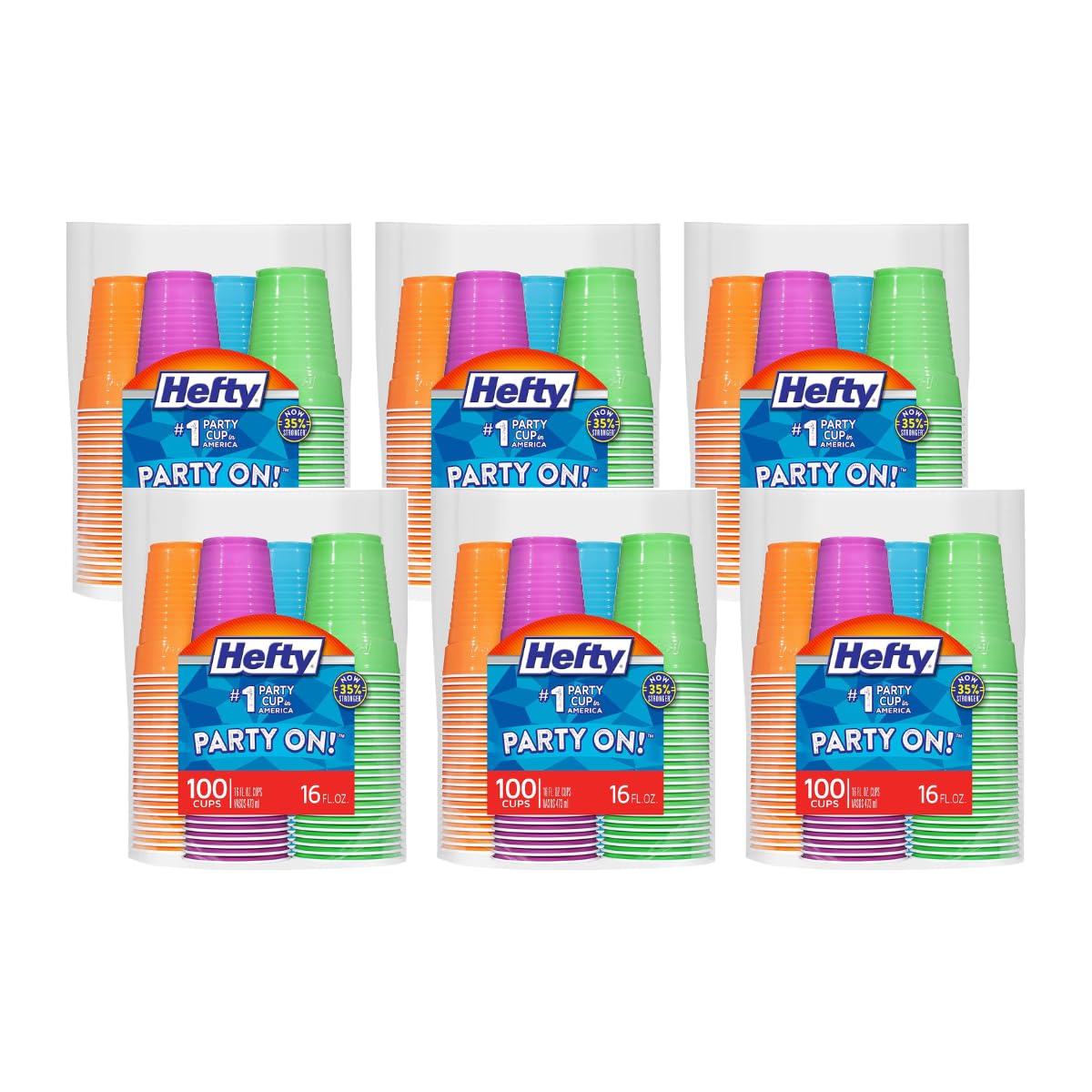 Hefty Party On Disposable Plastic Cups, Assorted, 16 Ounce, 100 Count