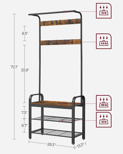 VASAGLE Coat Rack, Hall Tree with Shoe Bench for Entryway, Entryway Bench with Coat Rack, 4-in-1, with 9 Removable Hooks, a Hanging Rod, 13.3 x 28.3 x 72.1 Inches, Honey Brown and Black UHSR040B05