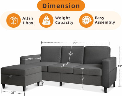 Sectional Sofa Couches for Living Room - 78'' Dark Grey 3 Seat L-Shaped Couch with Storage Ottoman, Modern Linen Convertible Sectionals Sofas with Chaise for Apartment, Office, Small Space