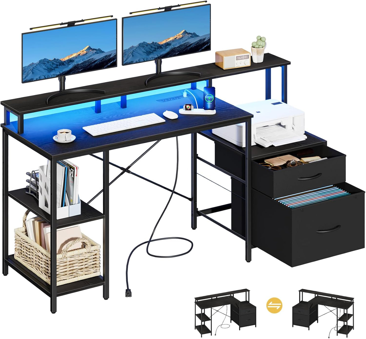 Yoobure Computer Desk, Gaming Desk with LED Lights & Outlets, 59" Office Desk with Drawers Long Home Office Desks with Fabric File Cabinets, Work Desk with Storage Shelves & Monitor Stand for Bedroom