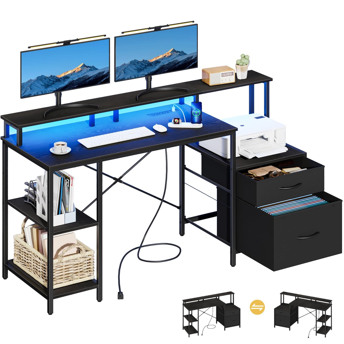 Yoobure Computer Desk, Gaming Desk with LED Lights & Outlets, 59" Office Desk with Drawers Long Home Office Desks with Fabric File Cabinets, Work Desk with Storage Shelves & Monitor Stand for Bedroom