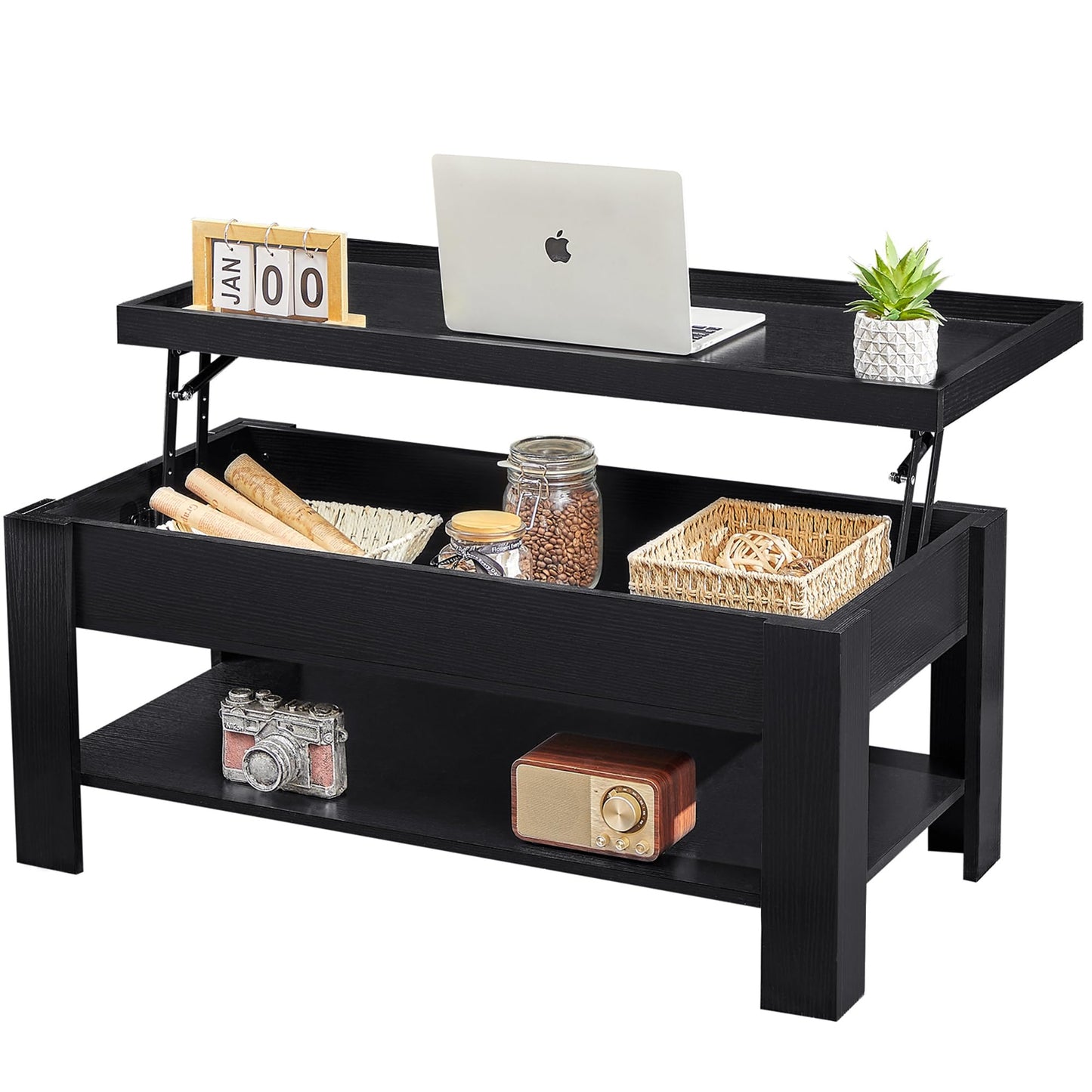 VECELO Lift Top Coffee Table with Storage Shelf and Hidden Compartment for Living Room/Office Reception, Black, Brown