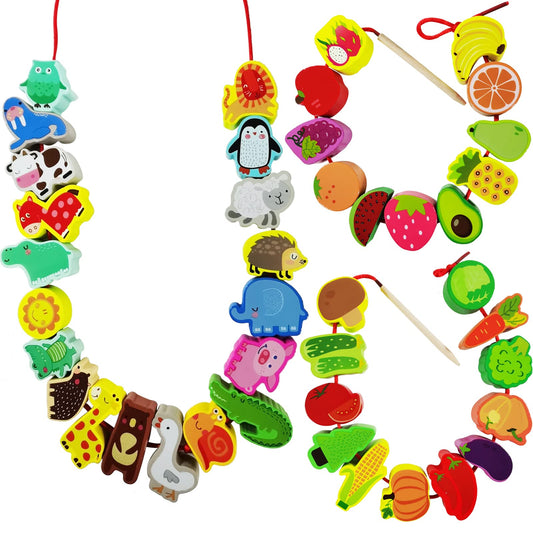 46Pcs Wooden Animals Fruits Vegetables String Threading Beads,Include 42Wooden Lacing Beads 4String Ropes,Montessori Toddler Preschool Activities Lacing Toys for Toddlers 3 4 5 6 Year Old