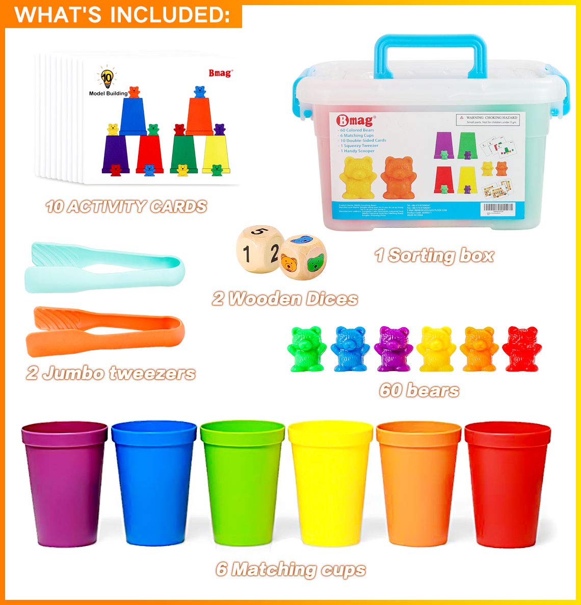 Bmag Counting Bears with Matching Sorting Cups, Preschool Math Learning Game with 24 Big Bears, 24 Little Bears, STEM Educational Learning Activities Gifts for Kids Age 3 4 5 Year Old